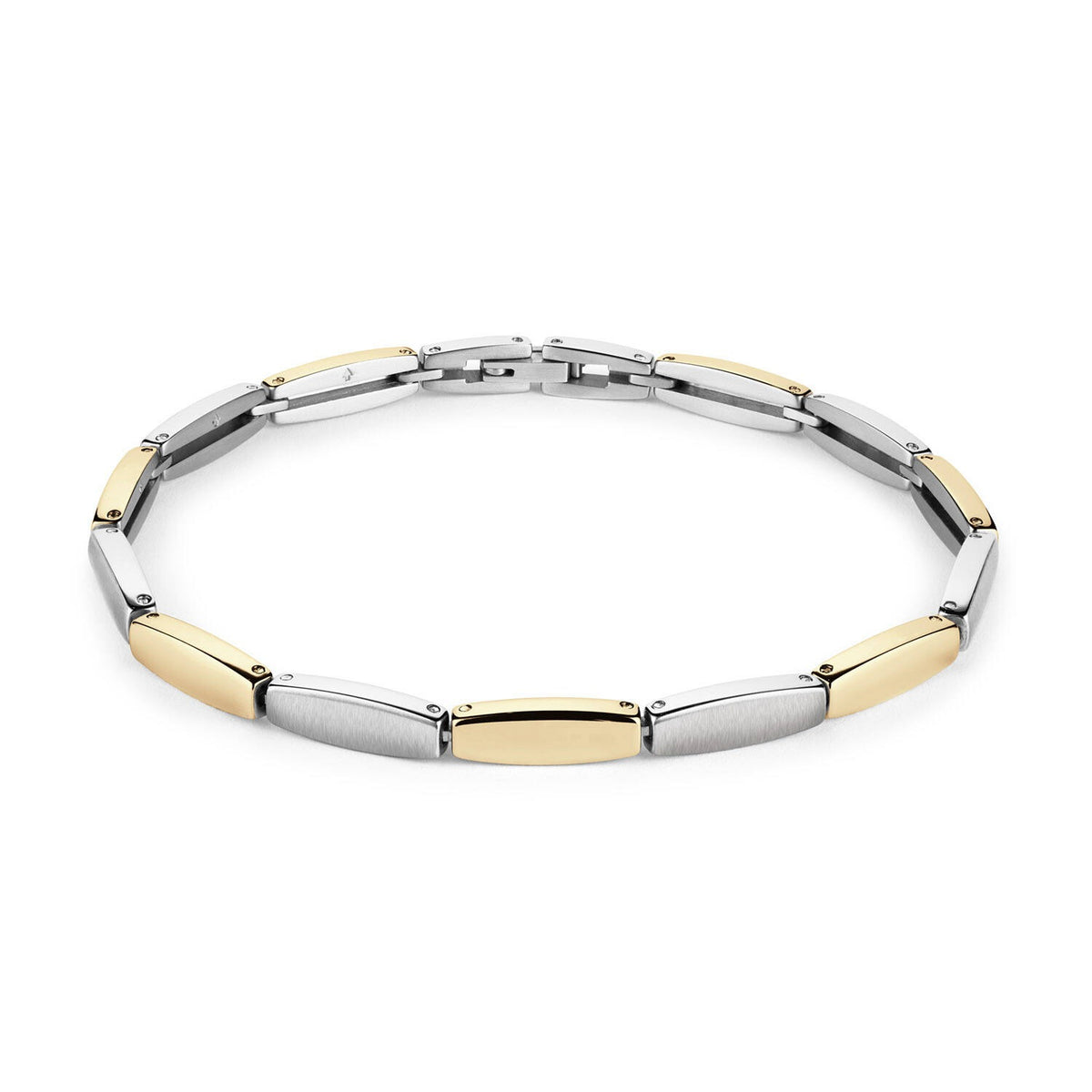 Bracelet bicolore en titane, alternant des maillons argentés et dorés, finition lisse.