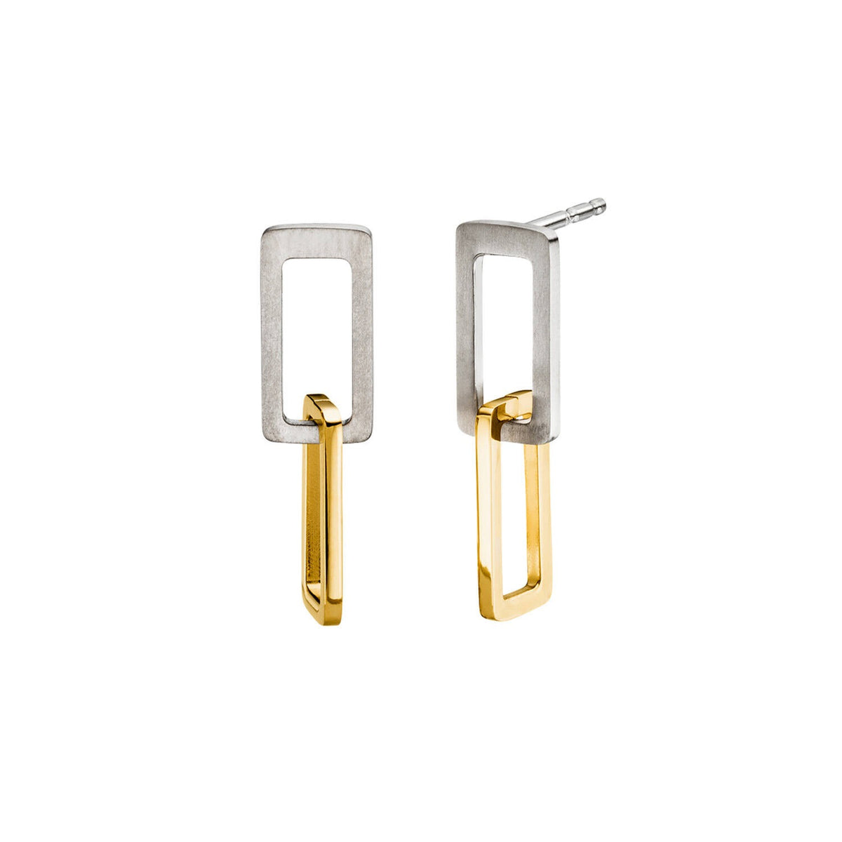 Boucles d'oreilles en titane avec un design rectangulaire, une finition argentée et un détail doré.