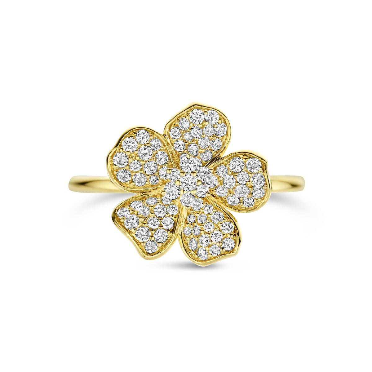 Bague pour femme en or avec fleur et diamant – or jaune 14k