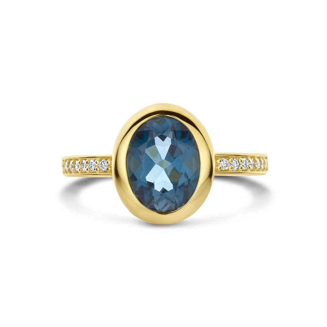 Gouden dames ring met London Blue topaas en diamant – 14k geelgoud