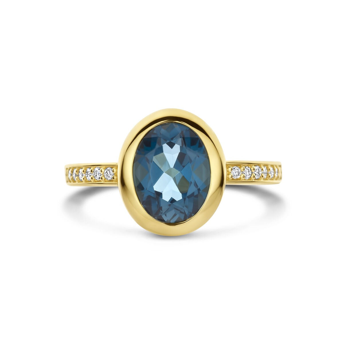 Bague pour femme en or avec topaze London Blue et diamant – or jaune 14k