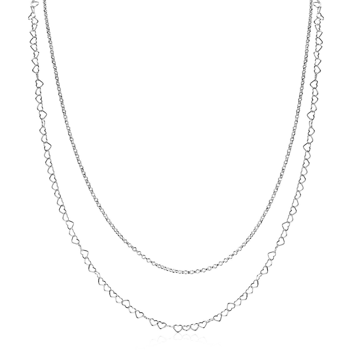 Collier en argent composé de maillons en forme de cœur, avec deux chaînes superposées.