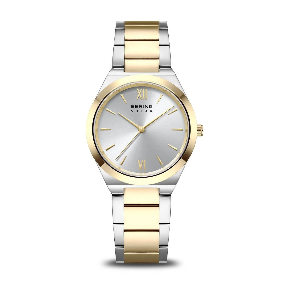 Montre pour femme Bering avec boîtier bicolore argenté et doré, cadran argenté et bracelet en acier.