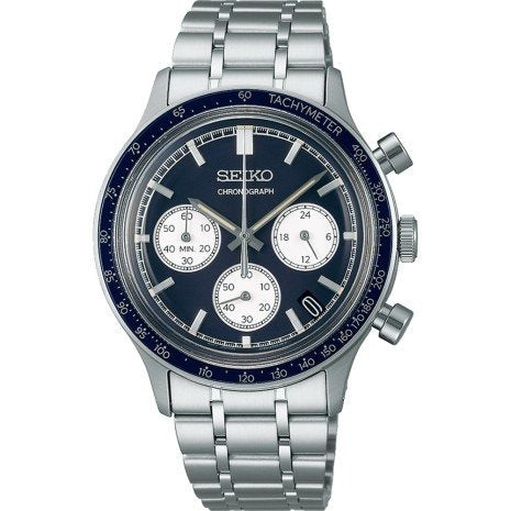 Montre Seiko avec boîtier en acier inoxydable, cadran bleu, chronographe et bracelet en acier.