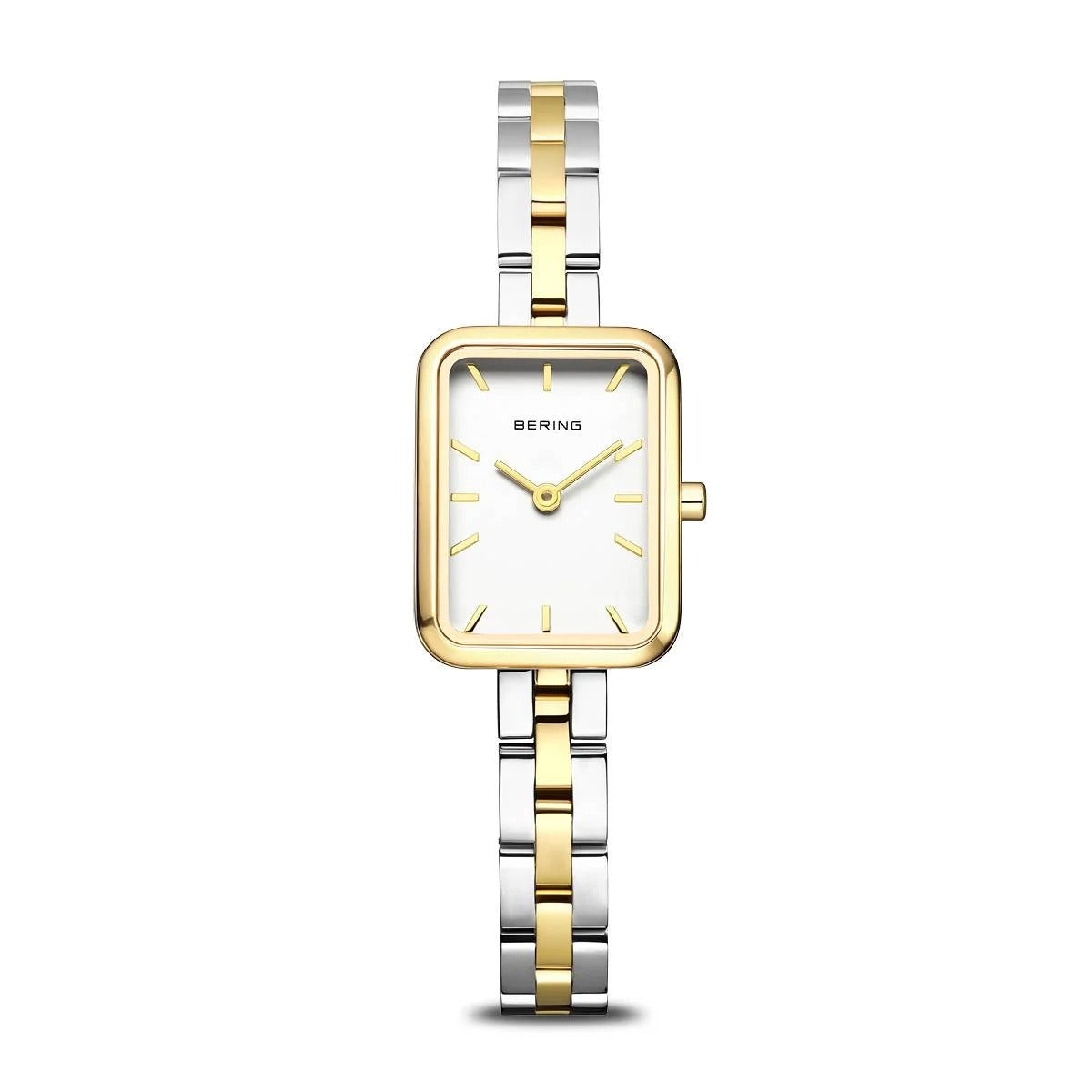 Montre pour femme Bering avec boîtier doré, cadran blanc et bracelet en acier inoxydable bicolore.