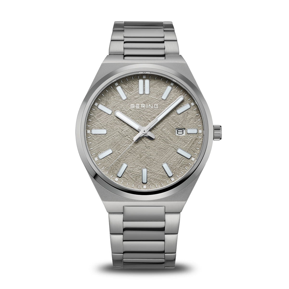 Montre pour homme avec cadran gris, boîtier et bracelet en acier inoxydable, affichage minimaliste.