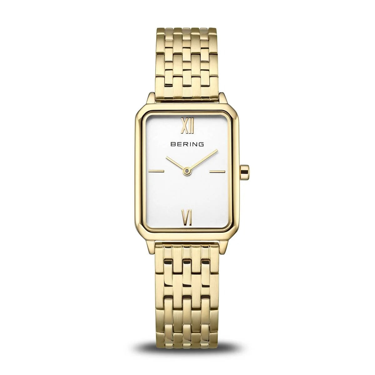 Montre femme Bering avec cadran blanc, boîtier doré rectangulaire et bracelet en maillons dorés.