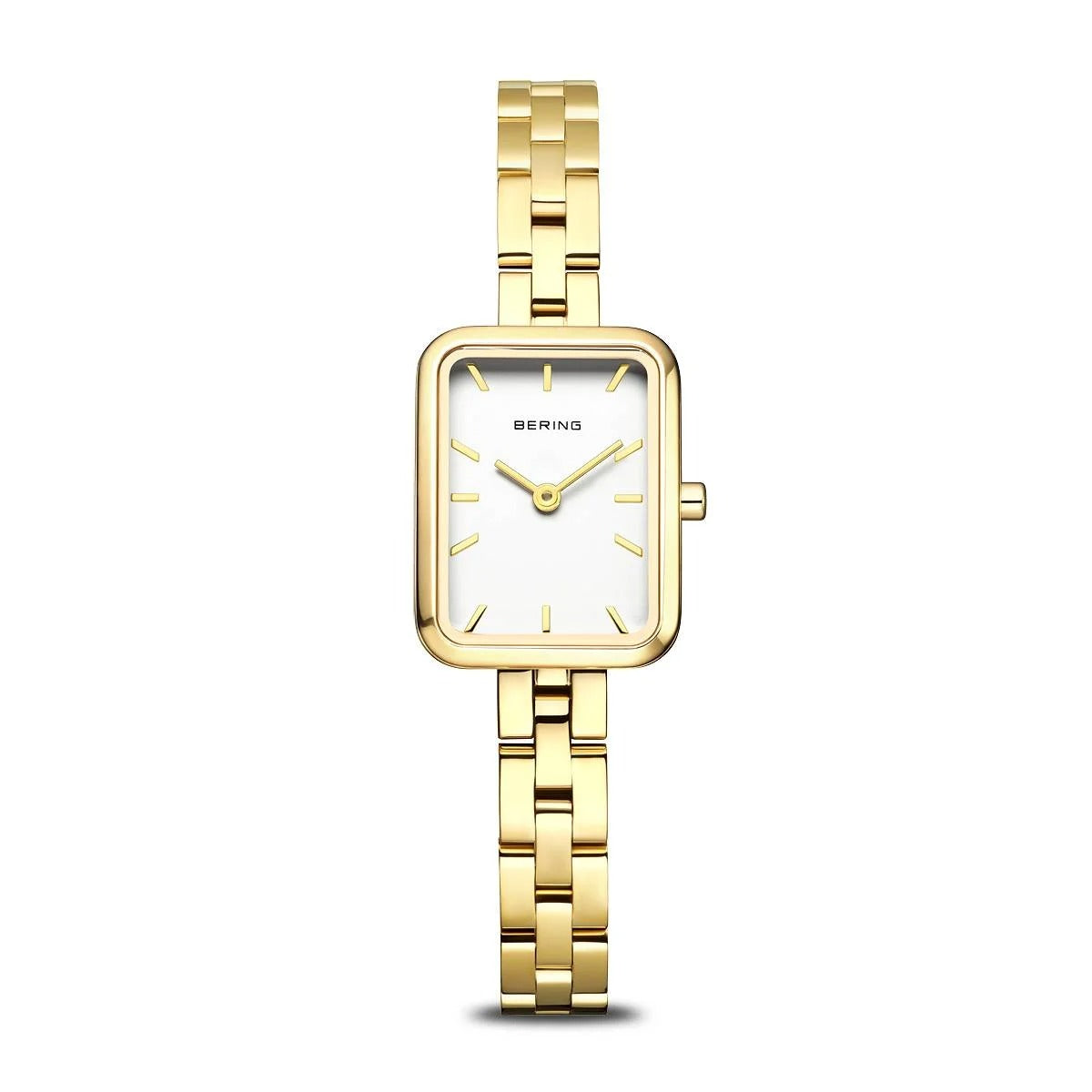 Montre pour femme avec boîtier doré, bracelet en maillons et cadran blanc.