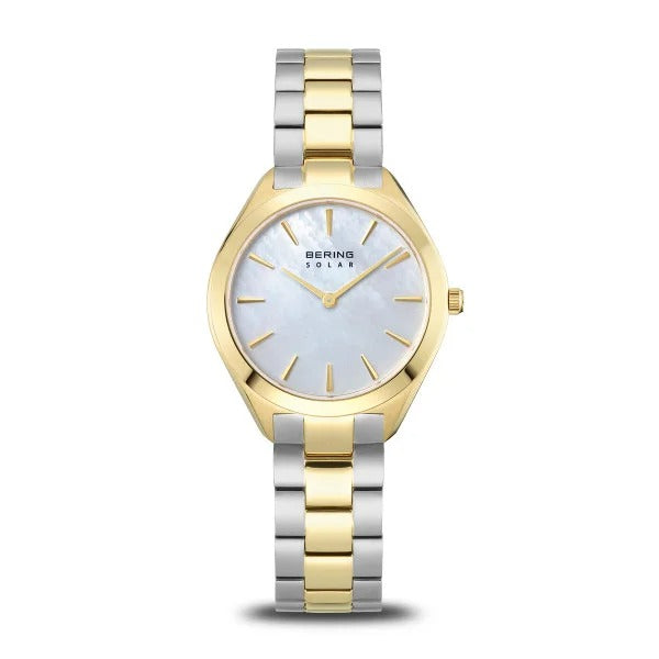 Montre femme Bering, bicolore argent et or, cadran argenté et bracelet en acier.