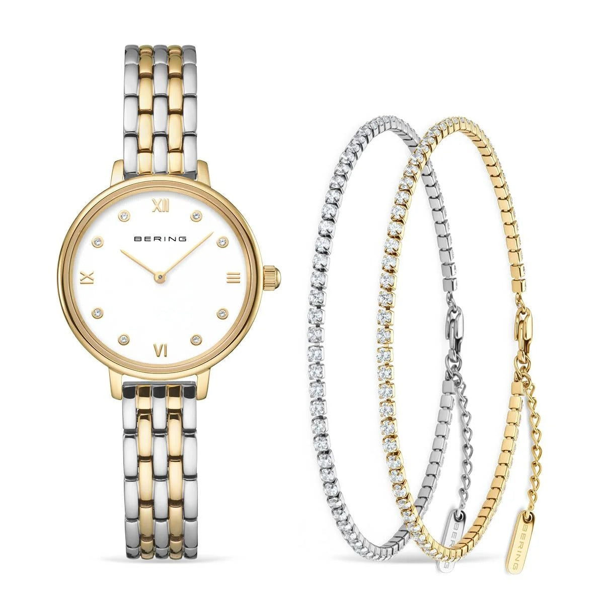Montre femme Bering avec boîtier doré et argenté, cadran blanc, bracelet à maillons.