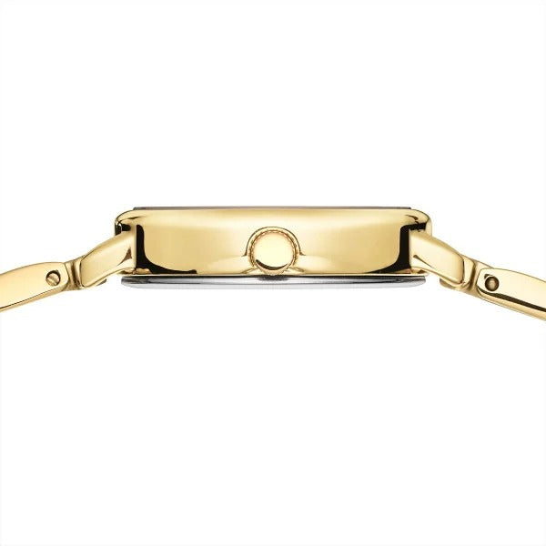 Zijaanzicht van de Bering 11020-732 dameshorloge met goudkleurige roestvrijstalen band, slanke rechthoekige kast en centrale kroon, voorzien van elegante metalen schakels aan beide zijden.
