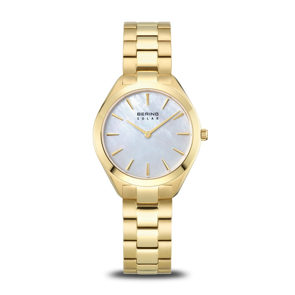 Montre dorée pour femme avec cadran argenté et bracelet en acier inoxydable.
