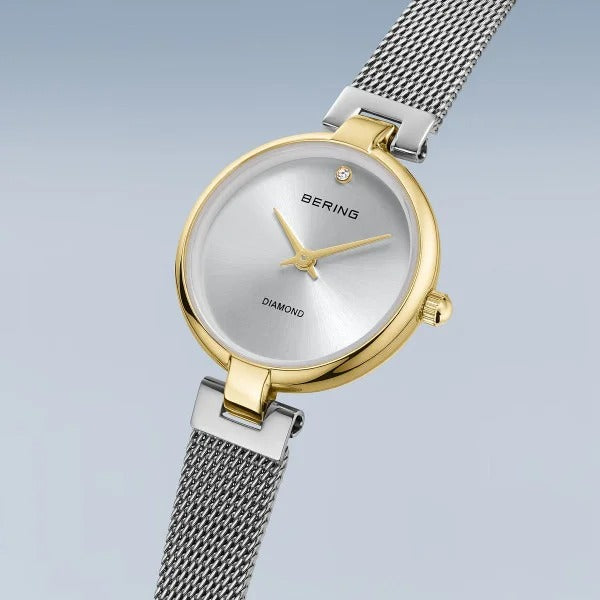 Montre pour femme Bering – Classic, dorée avec bracelet en maille argentée