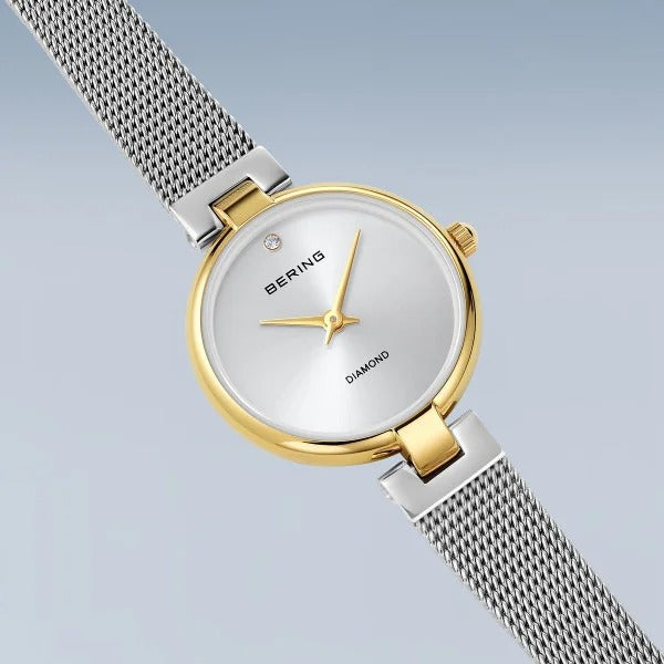 Montre pour femme Bering – Classic, dorée avec bracelet en maille argentée