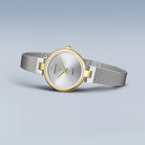 Montre pour femme Bering – Classic, dorée avec bracelet en maille argentée