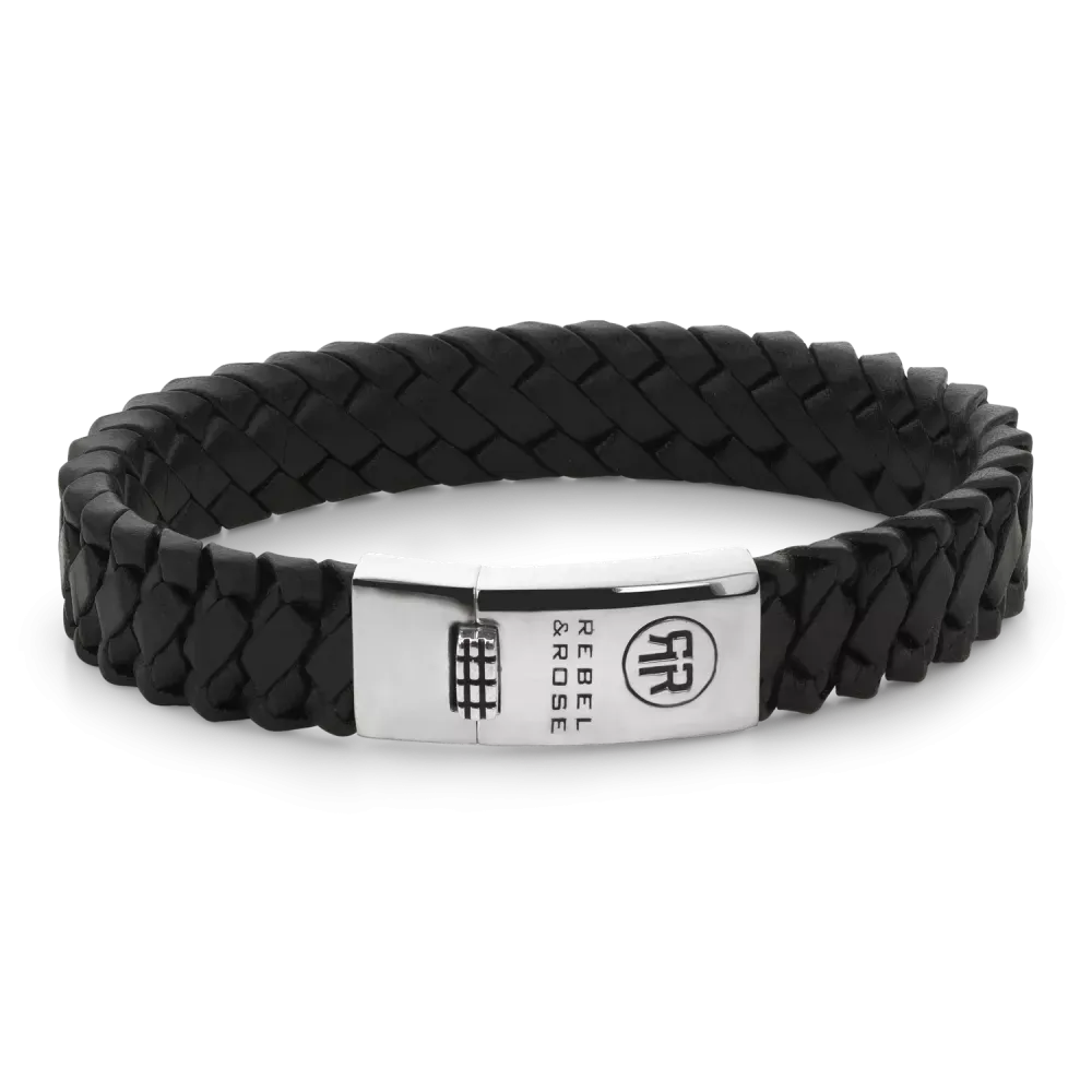 bracelet tressé noir avec fermoir en acier inoxydable argenté