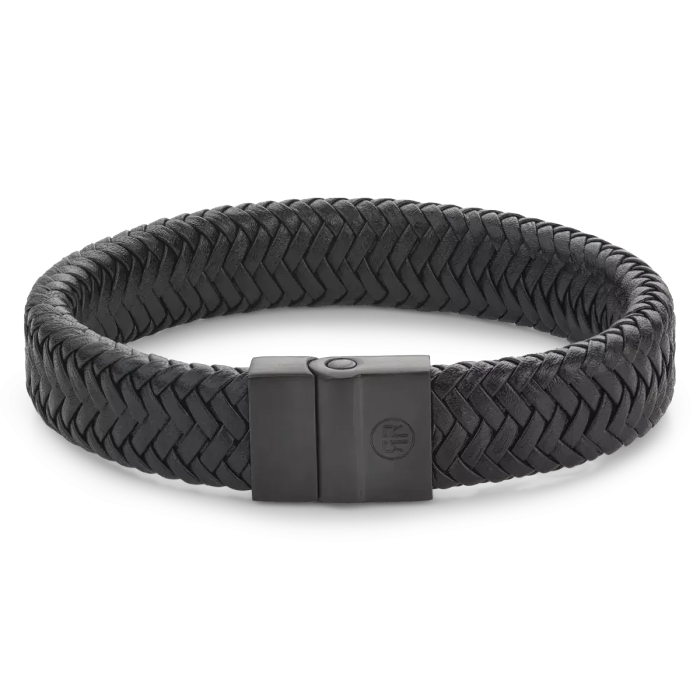 Bracelet en cuir tressé noir avec fermoir en métal noir, largeur de 15 mm.