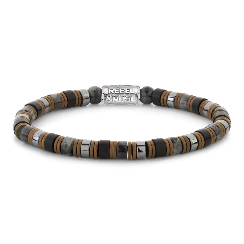 Bracelet en pierres mélangées grises de 6 mm avec des éléments en métal argenté.
