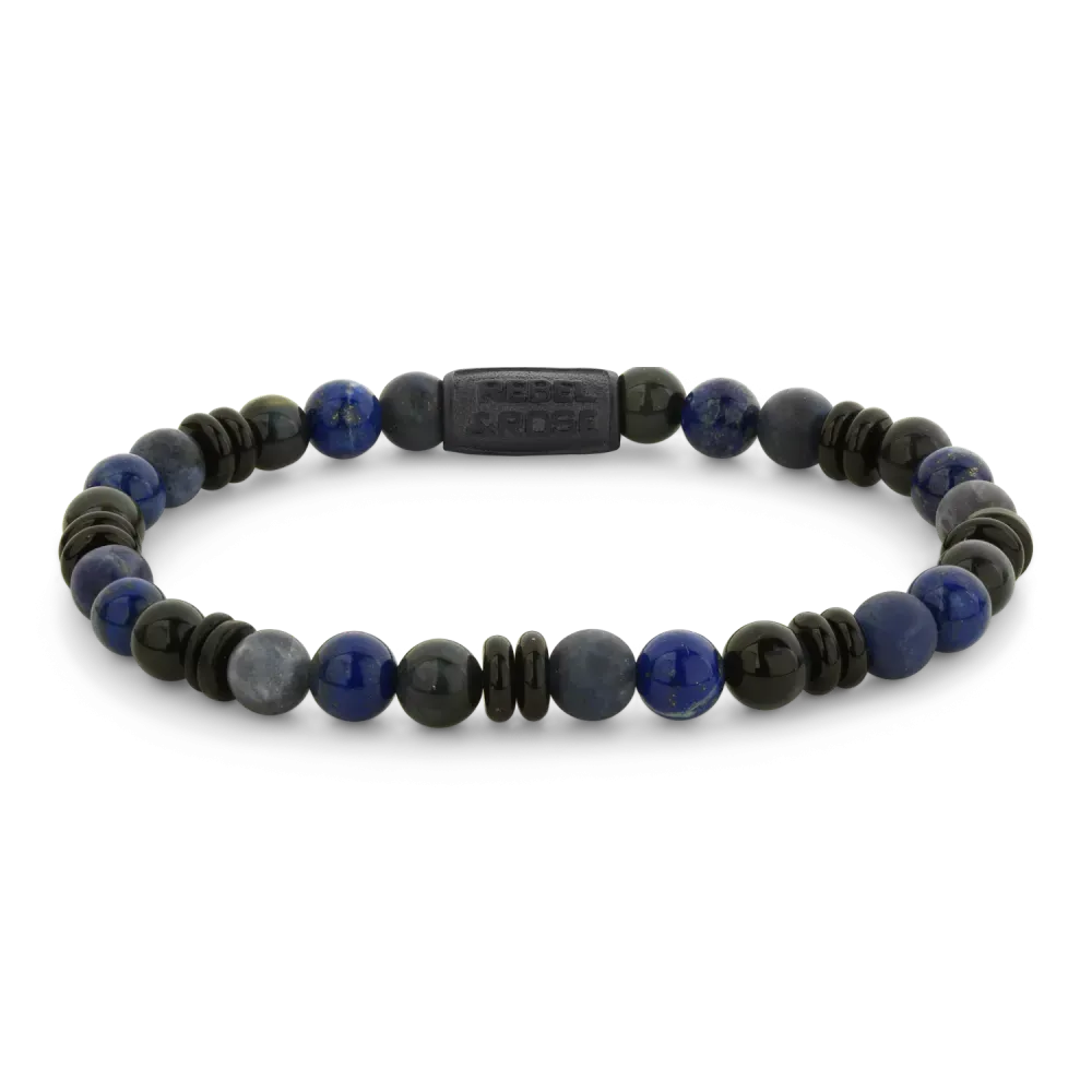 Bracelet pour homme en perles de 6 mm, mélange de couleurs bleues et noires.