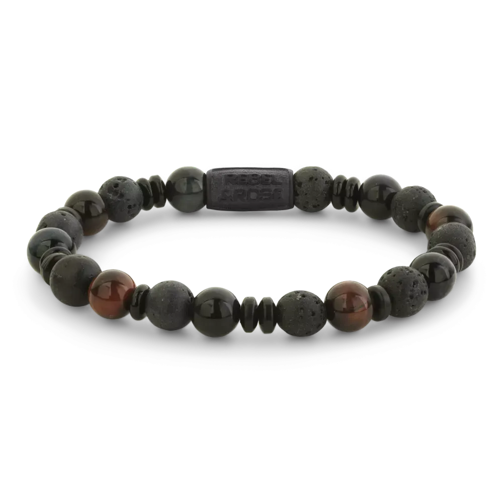 Bracelet en pierres naturelles noires de 8 mm avec des perles variées et un fermoir en métal.