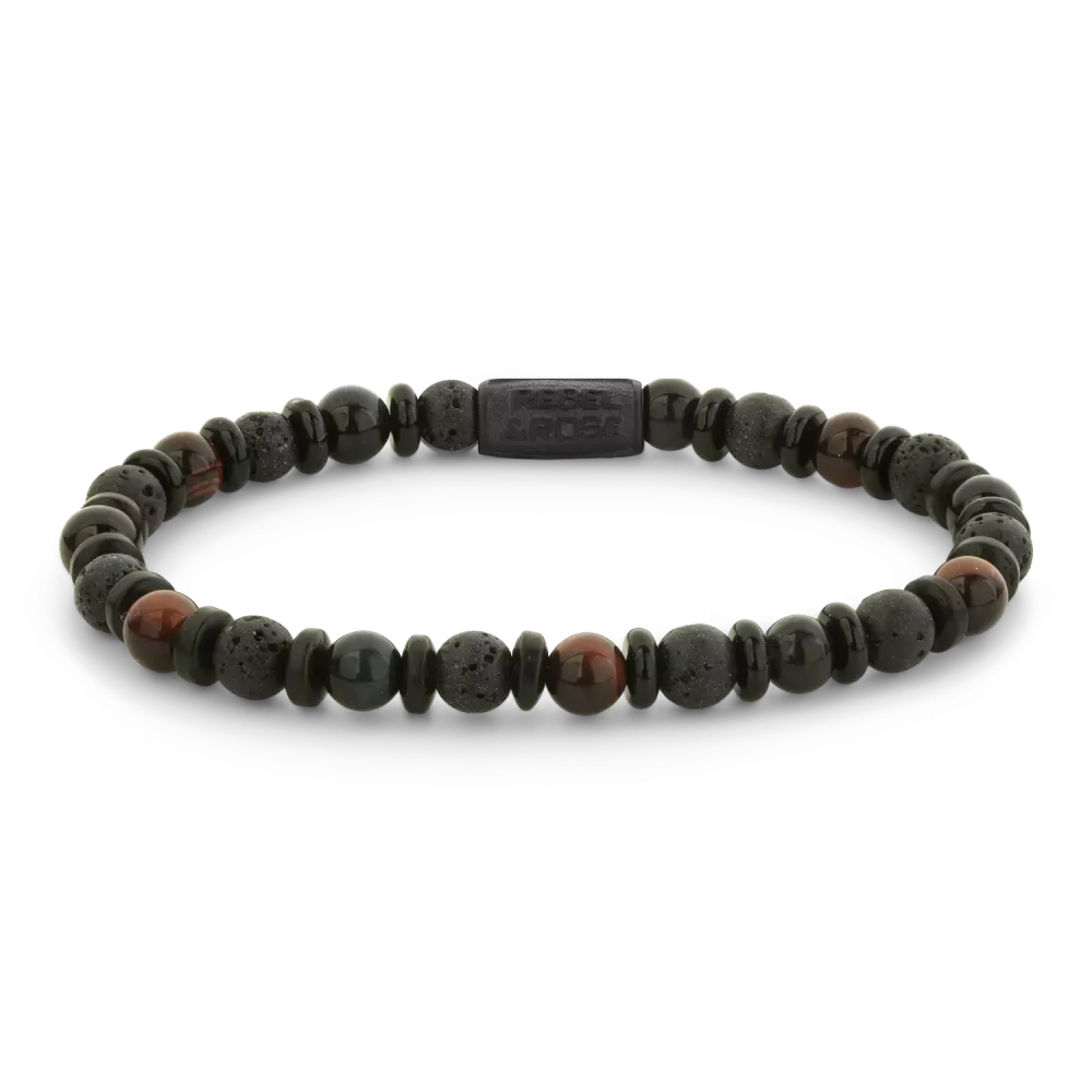 Bracelet en perles noires et brunes, avec des détails en pierre volcanique et un fermoir en métal.