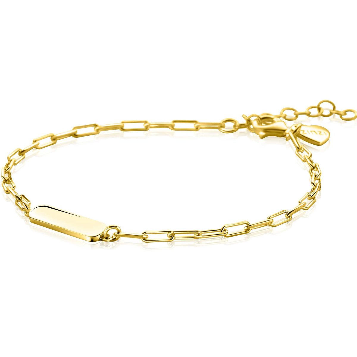 Bracelet jonc doré avec maillon et plaque rectangulaire.