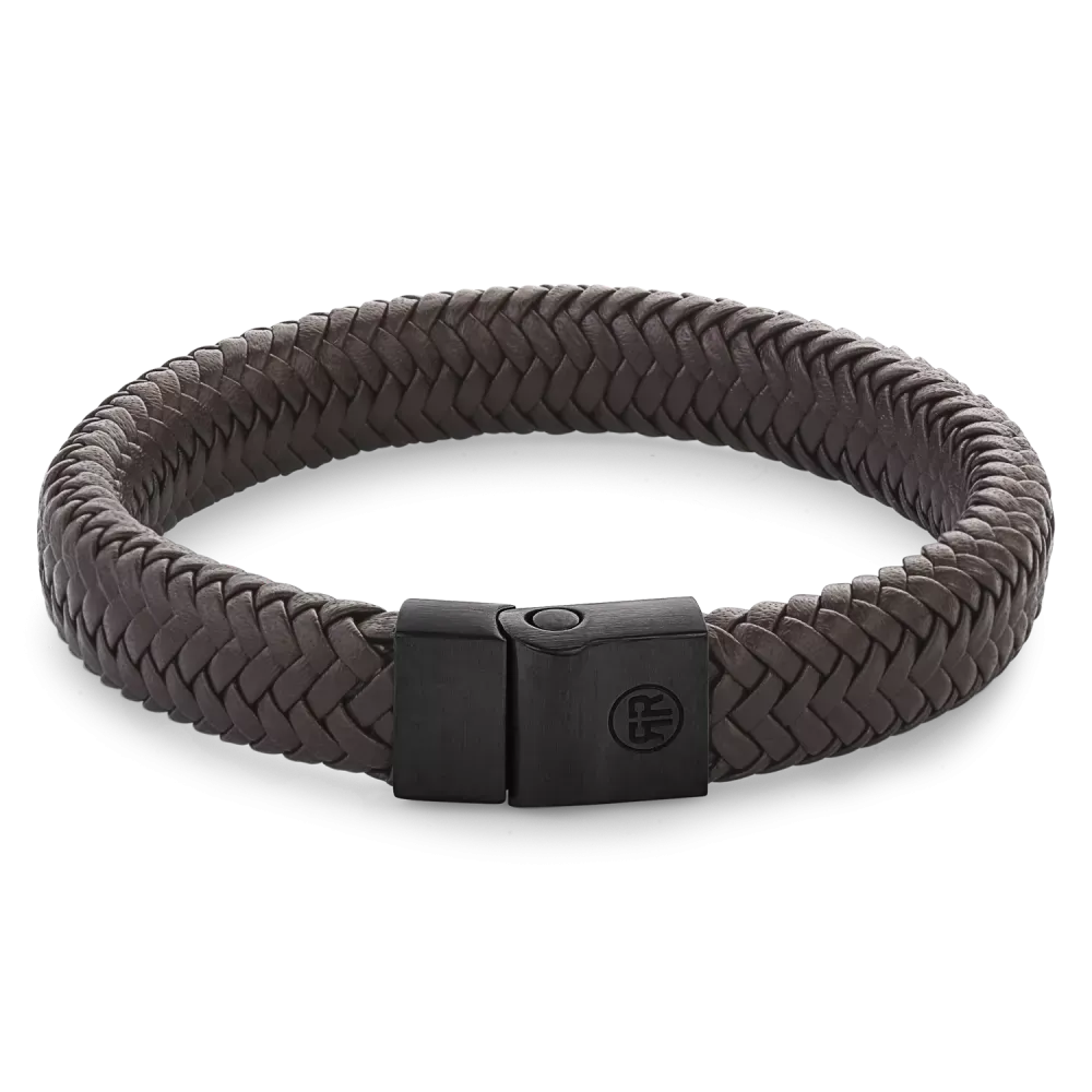 Bracelet en métal tressé marron et noir avec fermoir en acier.