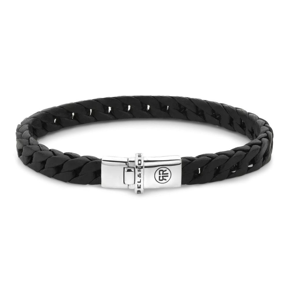 Bracelet tressé noir avec fermoir en acier inoxydable et détails brillants.