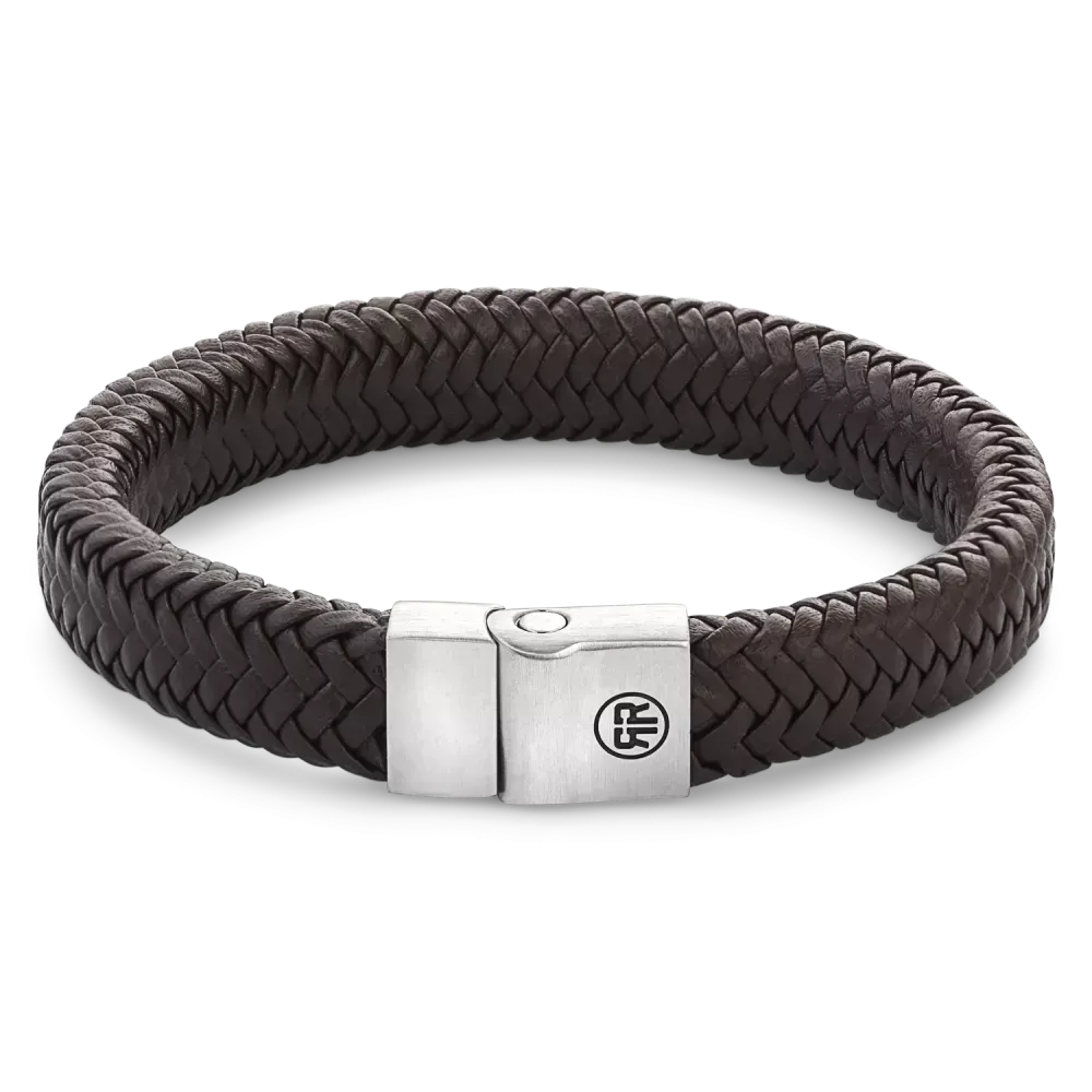 Bracelet en métal plein avec tissage en chevrons marron mat et fermoir en acier.