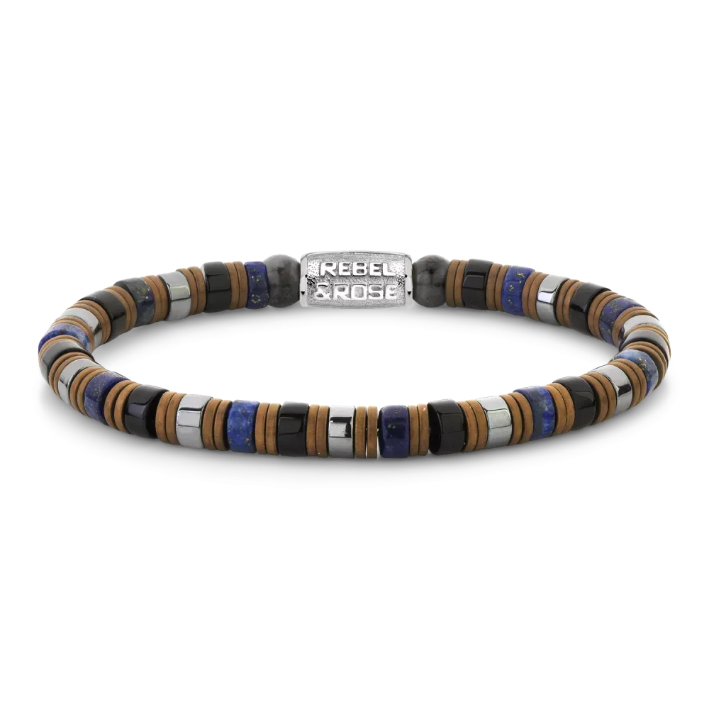 Bracelet en perles de 6 mm, mélange de bleu, marron et gris, avec un fermoir en métal.