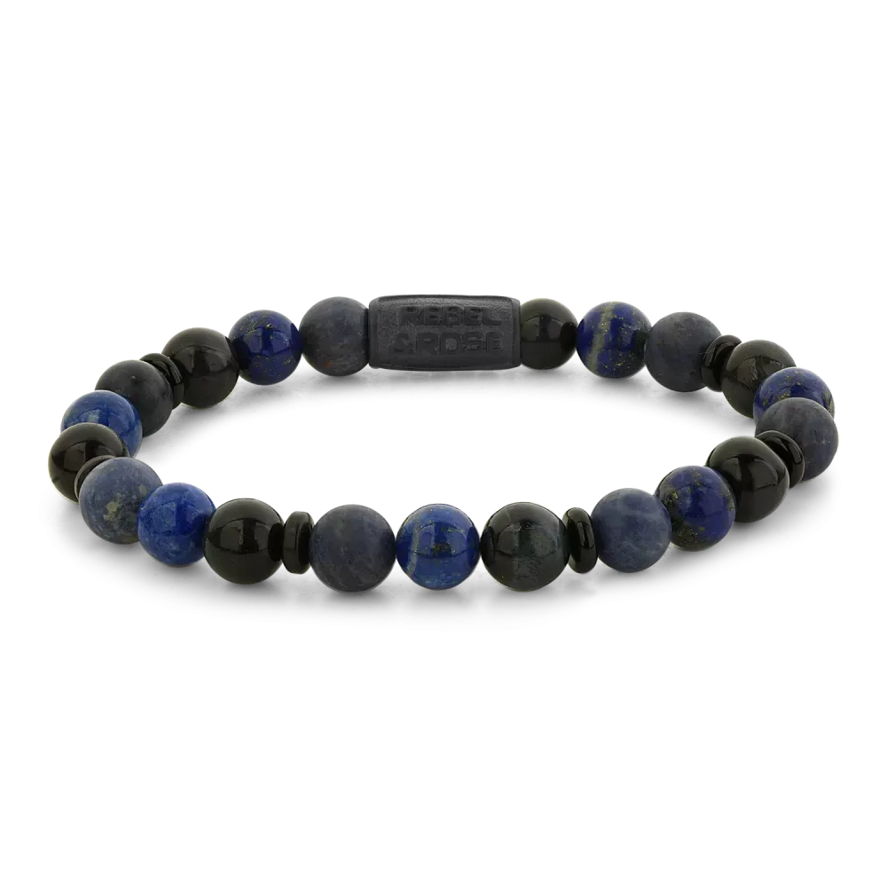 Bracelet en pierres naturelles de 8 mm, mélange de bleu avec des perles noires et bleues.