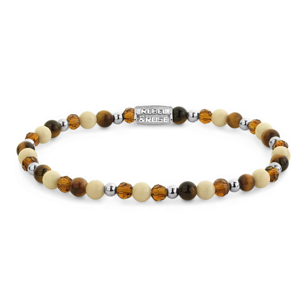 Bracelet en argent avec des perles de couleurs automnales, incluant des tons marron et crème.
