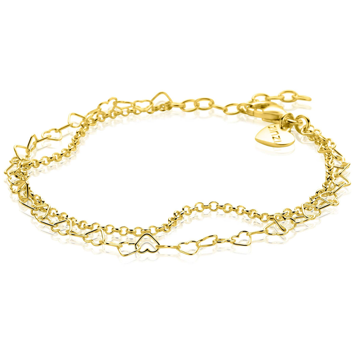 Bracelet doré avec des maillons en forme de cœurs et un pendentif en cœur.