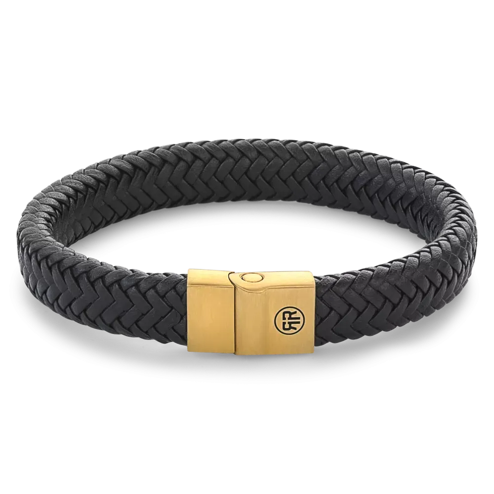 Bracelet en métal noir tressé avec fermoir doré.