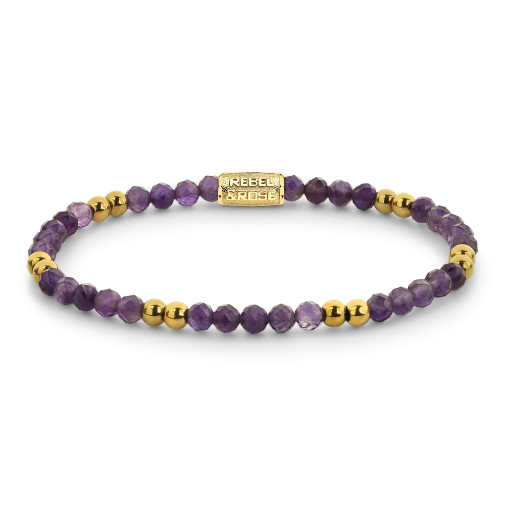 Bracelet en améthyste avec perles dorées et détails en or.