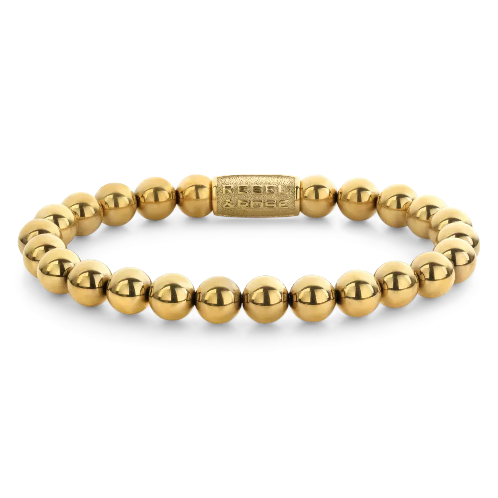 Bracelet en perles dorées de 8 mm, avec un fermoir en métal.