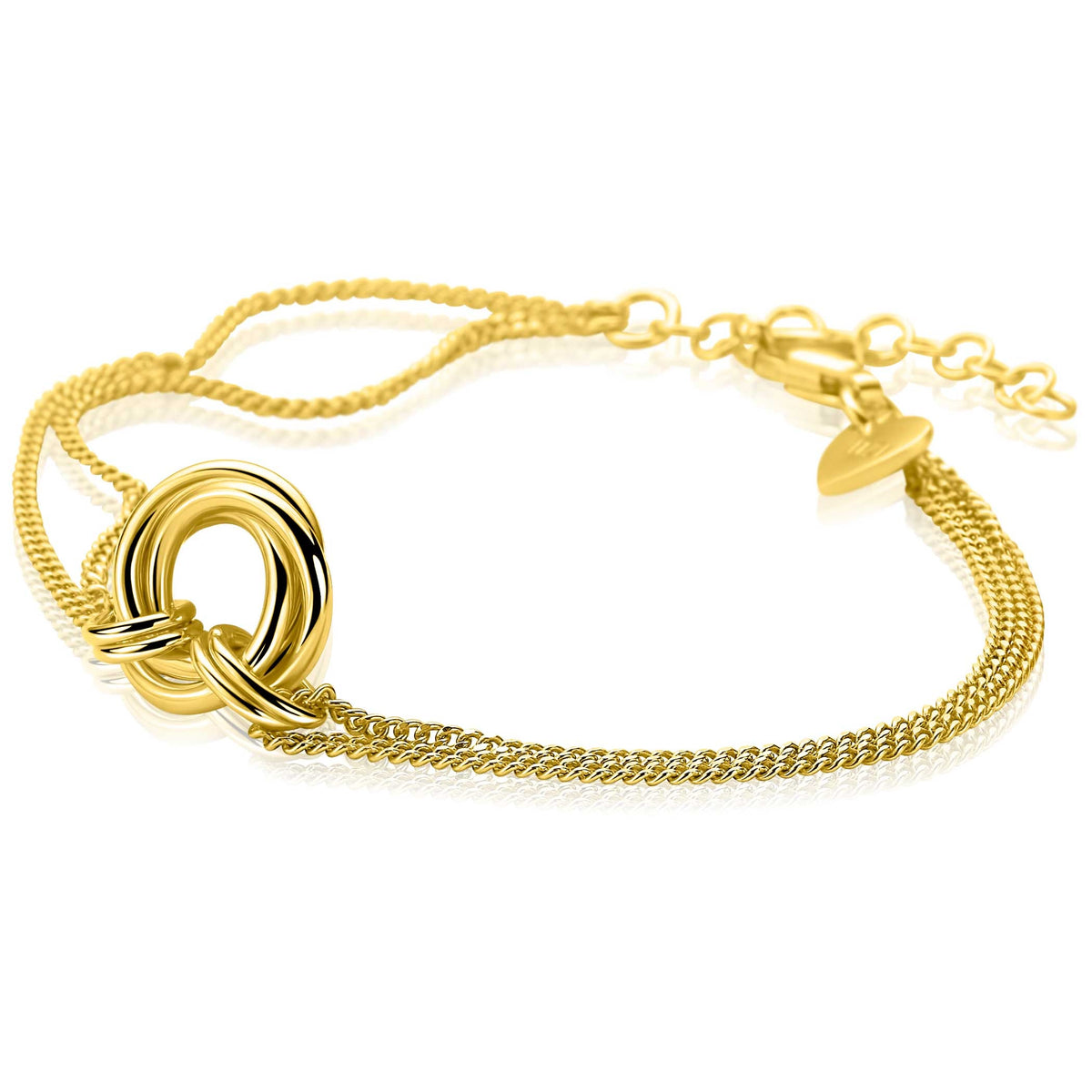 Bracelet doré avec un motif en boucle et chaînes délicates.