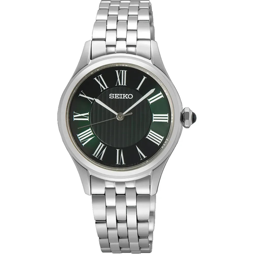 Montre pour femme Seiko avec cadran vert, boîtier en acier inoxydable et bracelet en métal.