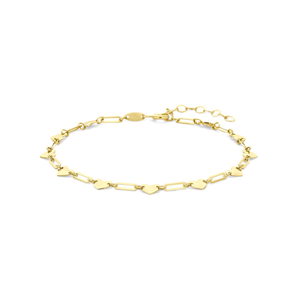Bracelet en or jaune 14 carats avec des cœurs, ajustable de 16 à 19 cm.