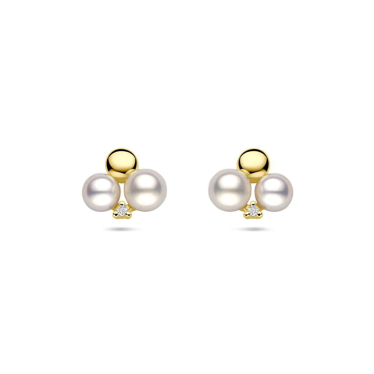 Boucles d'oreilles en or avec perles et diamants, 14k, deux perles blanches de 9 mm et un diamant de 0,02 ct.