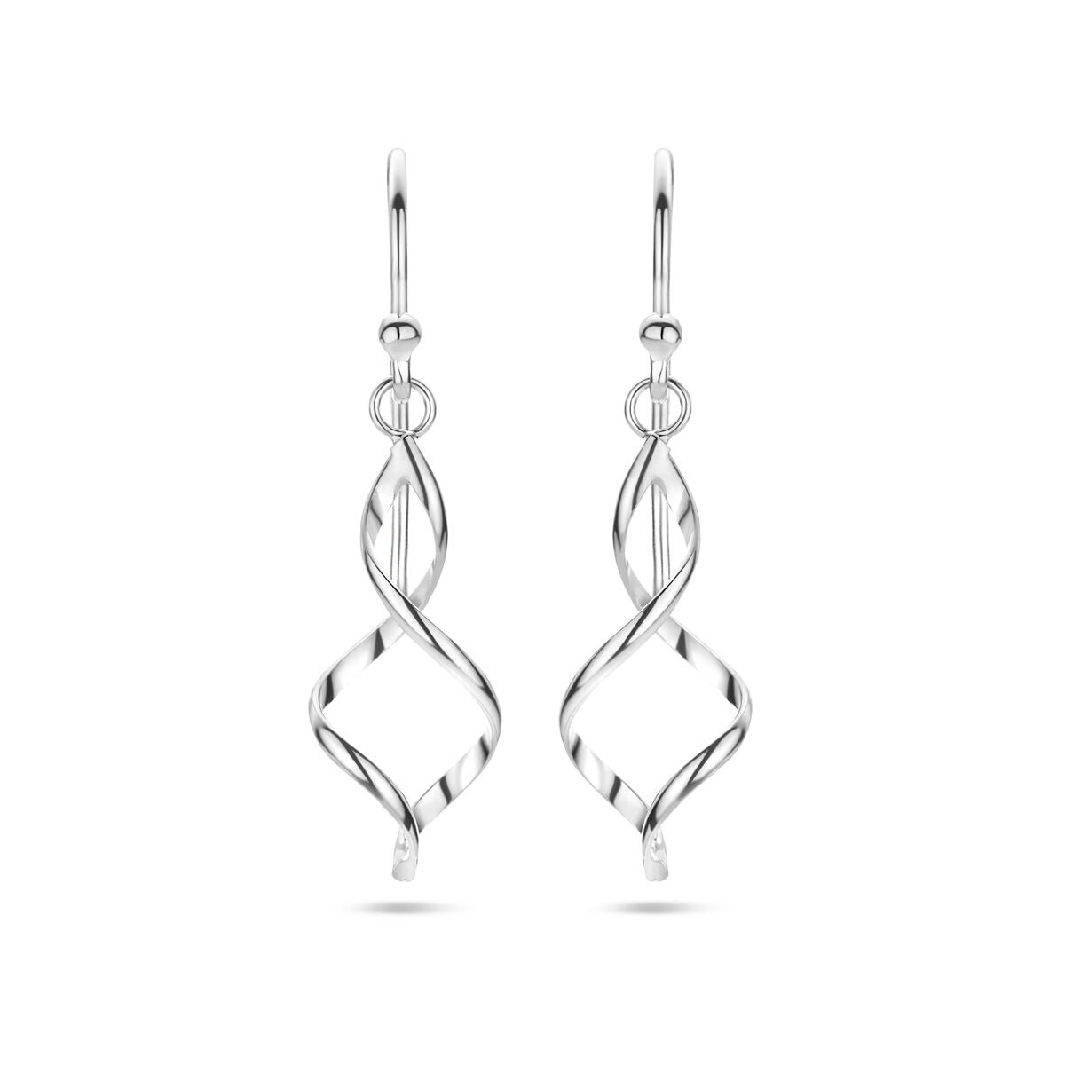 Boucles d'oreilles en argent rhodié 925, de forme torsadée avec des détails en spirale.