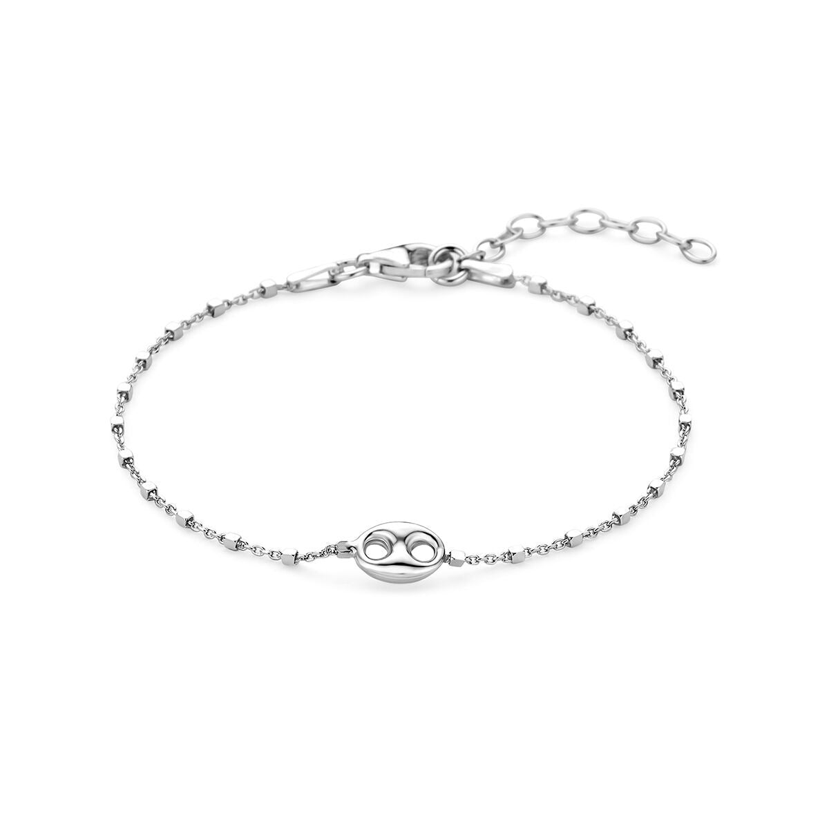 Gerhodineerde 925 zilveren armband met koffieboonvormige schakel en verstelbare sluiting.