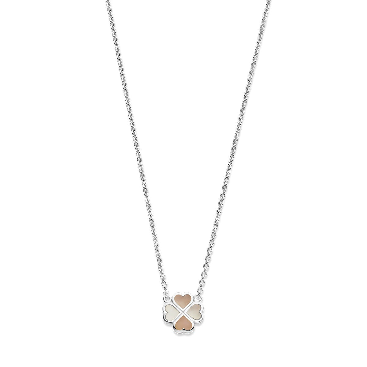 Collier en argent rhodié avec pendentif en forme de trèfle en nacre rose et blanche.