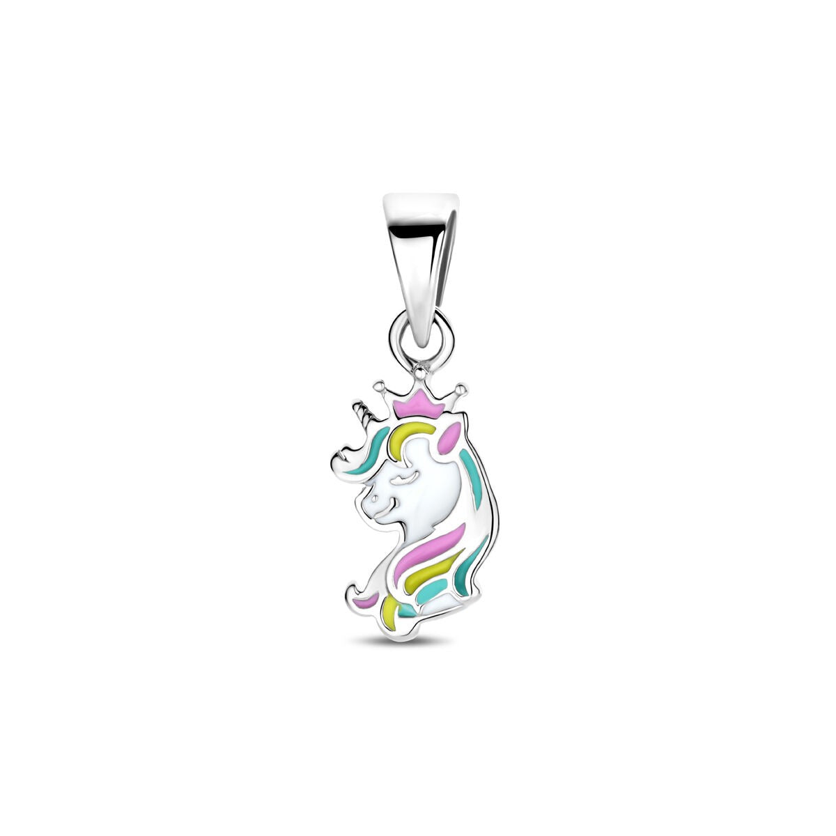 pendentif en argent représentant une licorne colorée avec des détails en rose et bleu.