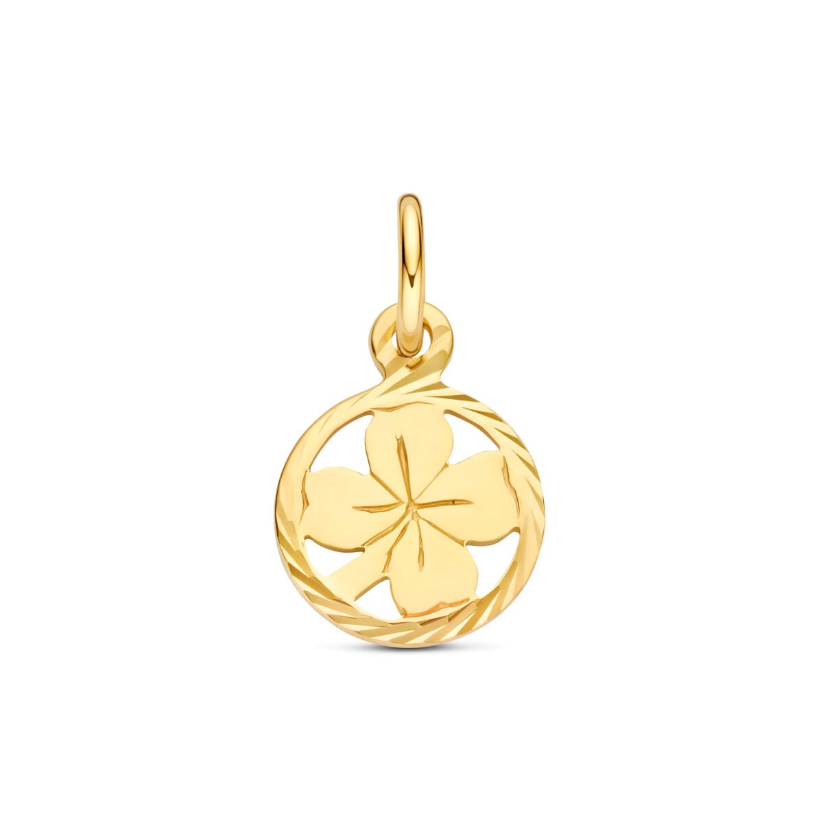 Pendentif en or jaune 9 carats en forme de trèfle, avec un détail tressé.