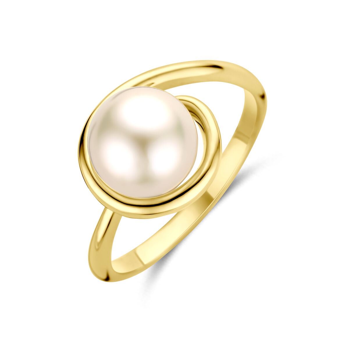 Bague en or jaune 14 carats avec une perle ronde centrale.