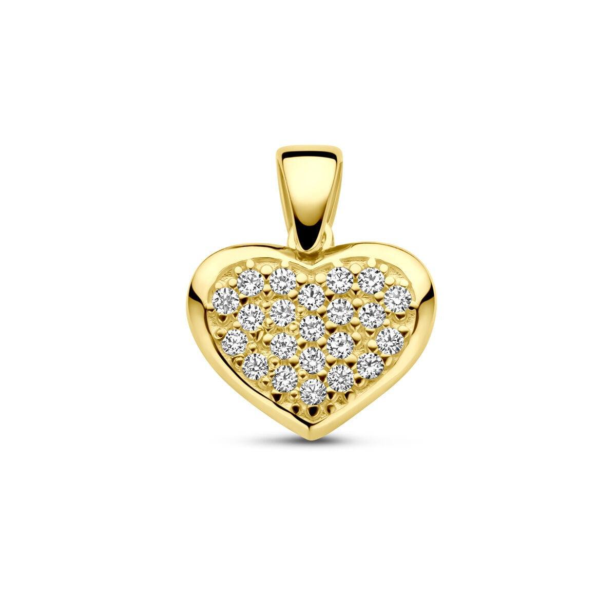 Pendentif en or jaune en forme de cœur, orné de zircons scintillants.