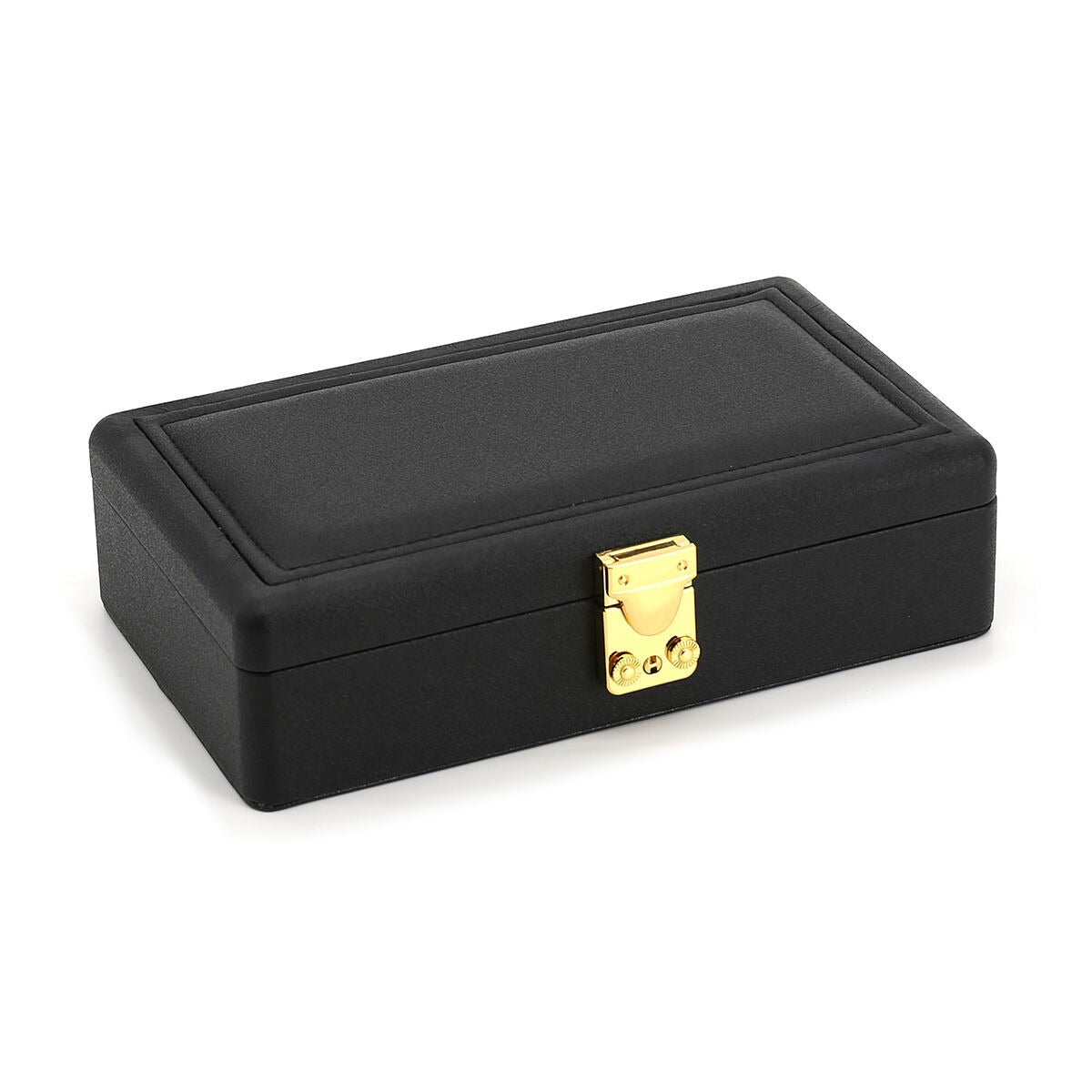 Boîte à bijoux noire luxueuse avec des détails dorés, compacte et élégante.