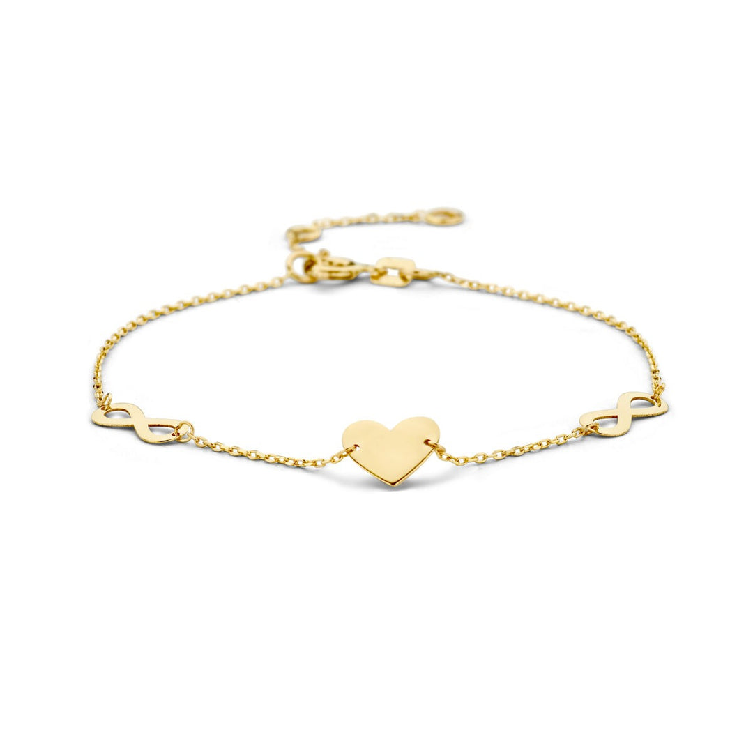 Bracelet en or jaune 9 carats avec un cœur et un symbole d'infini.