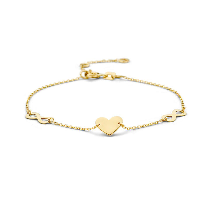 Bracelet en or jaune 9 carats avec un cœur et un symbole d'infini.